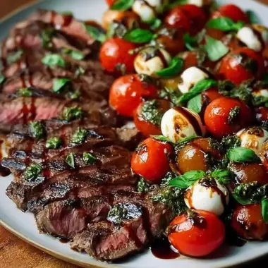 A delicious plate of Grilled Flank Steak Caprese with Balsamic Dressing