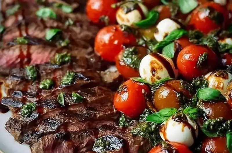 A delicious plate of Grilled Flank Steak Caprese with Balsamic Dressing