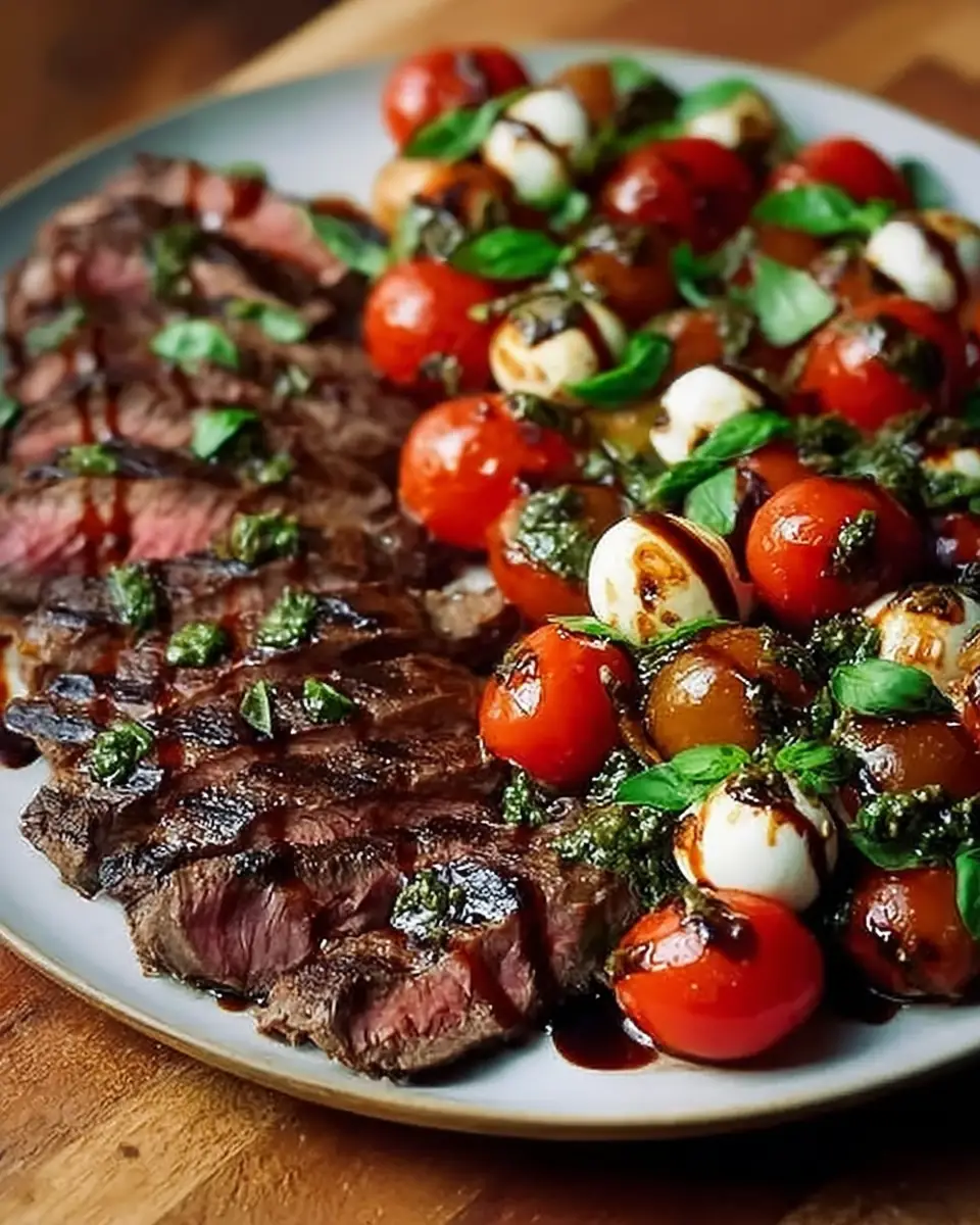 A delicious plate of Grilled Flank Steak Caprese with Balsamic Dressing