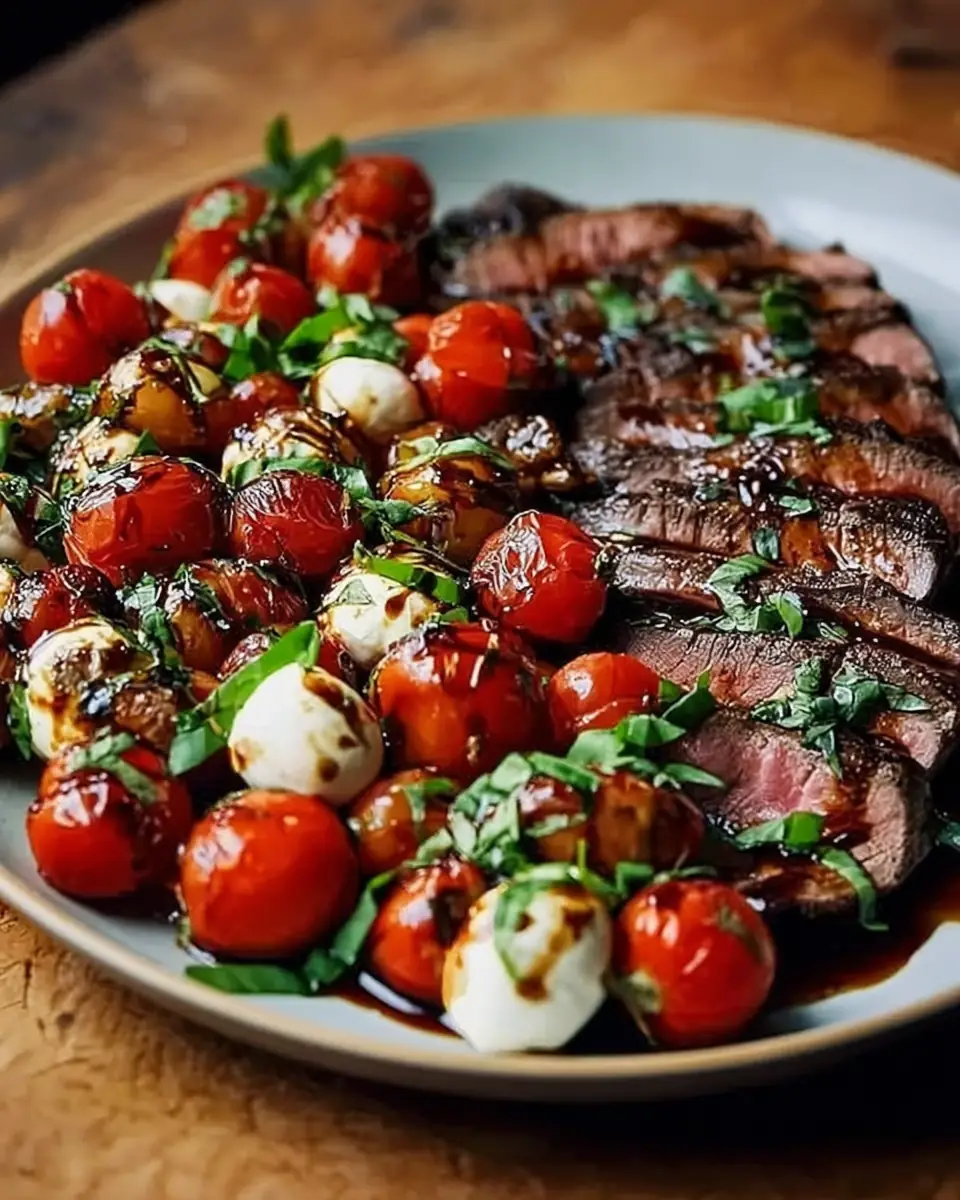 A delicious plate of Grilled Flank Steak Caprese with Balsamic Dressing