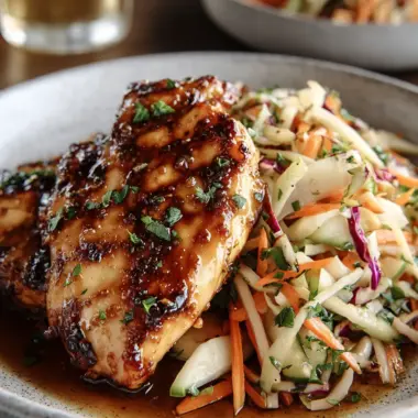 A delicious plate of Sticky Apple Cider Chicken with Crisp Autumn Slaw