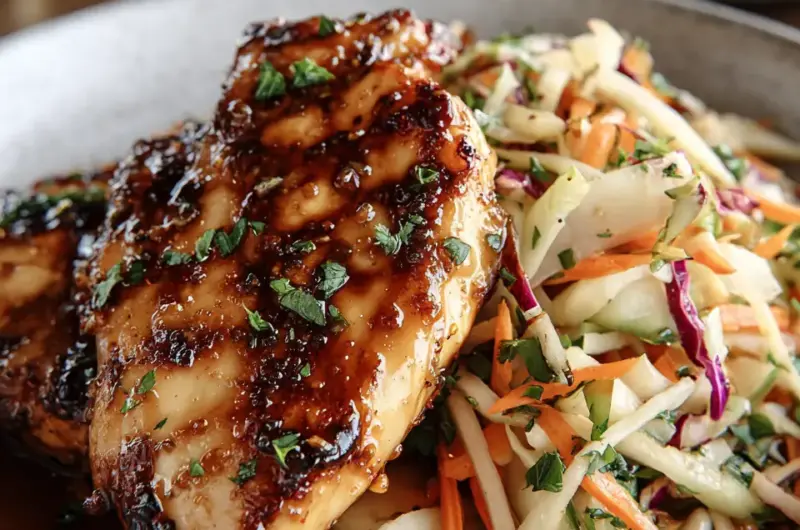 A delicious plate of Sticky Apple Cider Chicken with Crisp Autumn Slaw