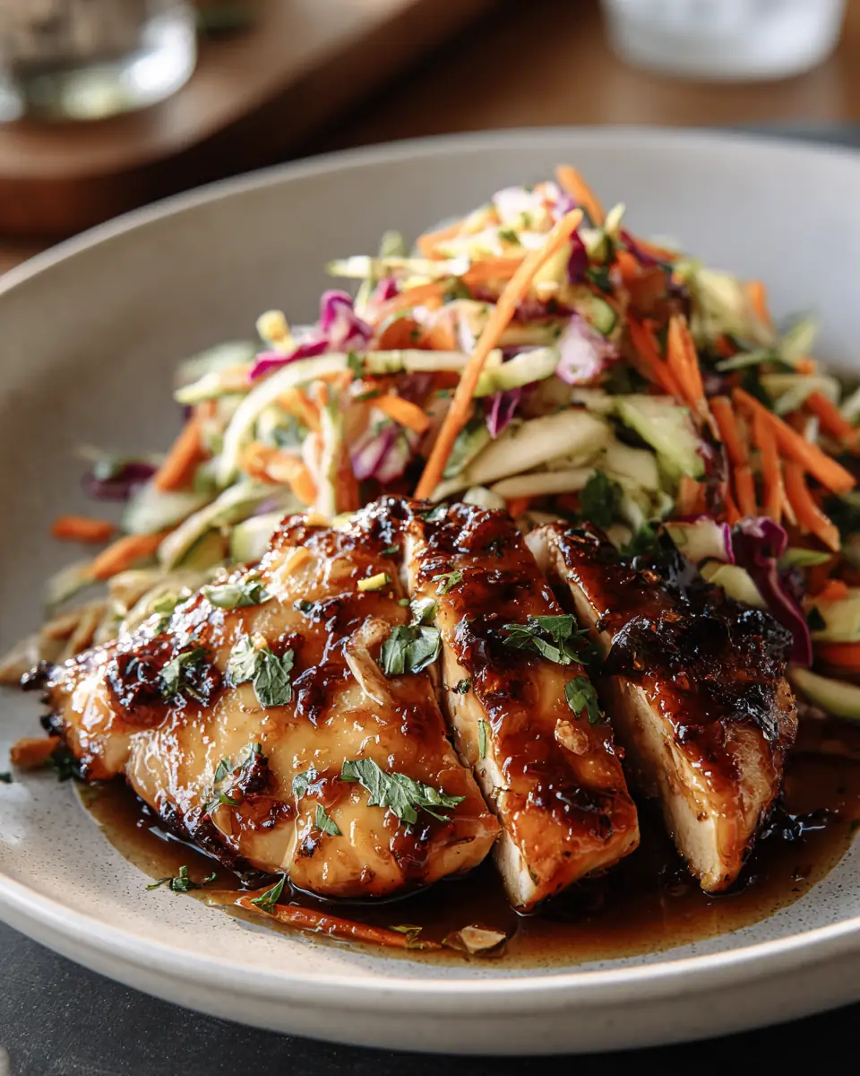 A delicious plate of Sticky Apple Cider Chicken with Crisp Autumn Slaw